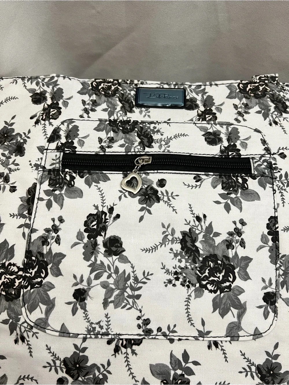 Bella Russo Black White Floral Large Tote Bag Heart Charm Shoulder Bag